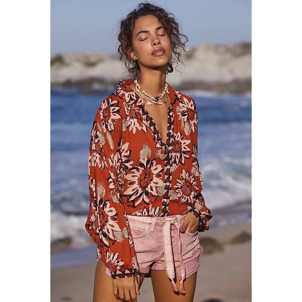 Free People Floral Blouse in Red and White